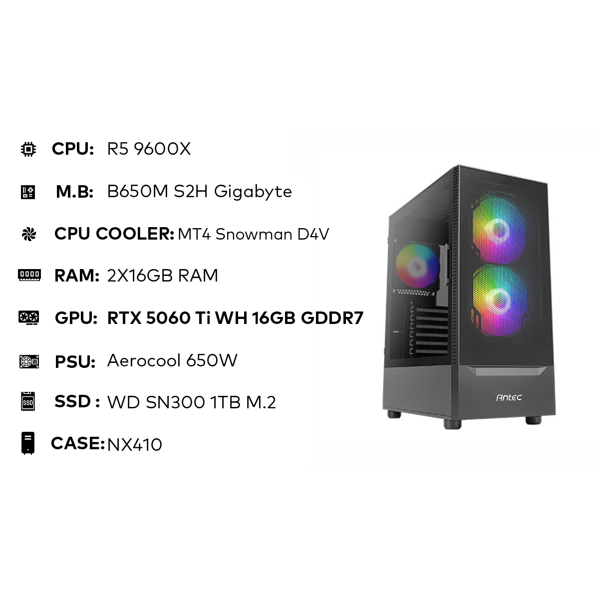 تجميعة مقترحة R5 9600X Gaming PC | 32GB DDR5 | RTX 5060Ti 16GB | 1TB SSD | 650W تجميعة مقترحة R5 9600X Gaming PC | 32GB DDR5 | RTX 5060Ti 16GB | 1TB SSD | 650W